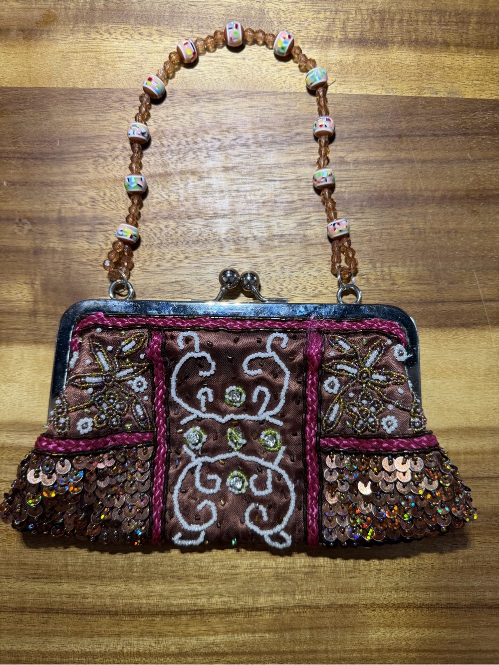 Vintage Beaded Evening Bag Floral Sequin Purse Kiss Lock 2 Straps